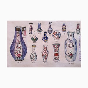 Jarrones de porcelana desconocidos, tinta china y acuarela, década de 1890