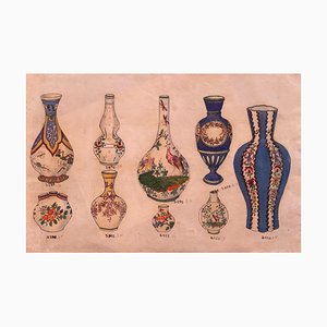 Inconnu, Vases en Porcelaine, Encre de Chine et Aquarelle, 1890s