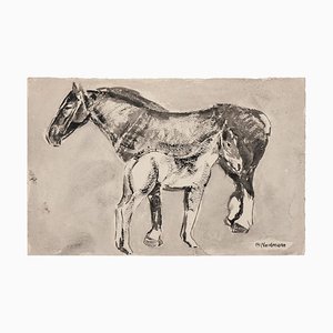 Germaine Nordmann - Horses - Original Ink and Watercolored Drawing - Mid-20th Century