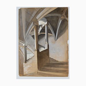 Inconnu, Perspective d'un Escalier, Crayon et Aquarelle, 20ème Siècle