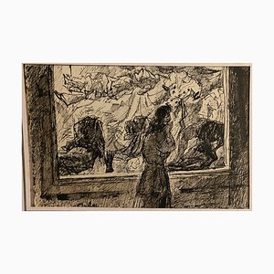 Mogniat-Duclos Bertrand, Figures In the Museum, Original Pen on Paper, 1950s