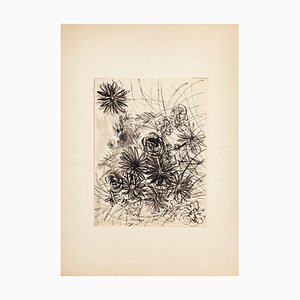 Composición de flores de Gustave Bourgogne, tinta China y acuarela, mediados del siglo XX