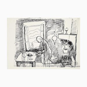 Herta Hausmann, In the Kitchen, Black Pen Drawing, Mid-20th Century