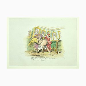 Sconosciuto - Satirical Scene - Original Lithograph Hand Watercolored - 19th Century