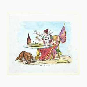 Unknown, Satirical Scene, Lithograph Hand Watercolor, 19th Century