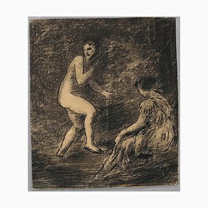 Desconocido - Desnudos en el bosque - Lápiz original y carbón - siglo XIX