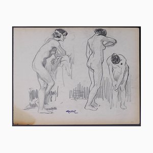 Georges Gobo, Three Studies of A Woman in Movement, Charcoal, Early 20th Century