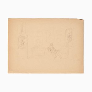 Raymond Cazanove - Interieur - Original Bleistift auf Papier - Mitte des 20. Jahrhunderts