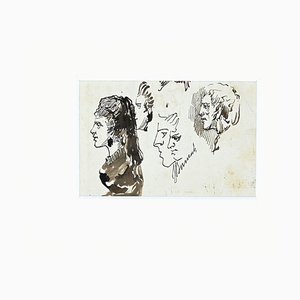 Unknown - Studies for Portraits - Original China Ink - Late 19th Century