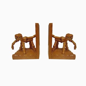 Serre-Livres Éléphant Art Déco en Bois et Bambou, 1920s, Set de 2