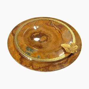 Italian Stoneware Ashtray with Brass Leaf, 1960s