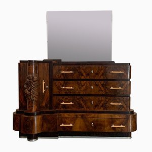 Commode à Tiroirs Art Déco en Noyer avec Miroir par Ducrot, 1920s, Set de 2