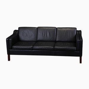 Danish Black Leather 3-Seater Sofa, 1980s