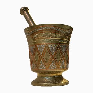 Tunisian Bronze Pestle & Mortar with Silver & Copper Inlay from LNS, 1960s
