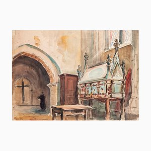 Jules Rene Leblanc - Intérieur d'église - Encre et Aquarelle - Début 20ème Siècle