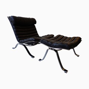 Black Leather Lounge Chair and Ottoman by Arne Norell for Arne Norell AB, 1960s, Set of 2