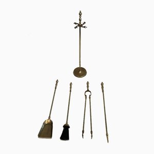 Neoclassical Style Brass Fireplace Tools on Stand, France, 1970s