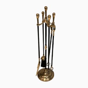 Brass and Black Lacquered Fireplace Tools on Stand, France, 1970s