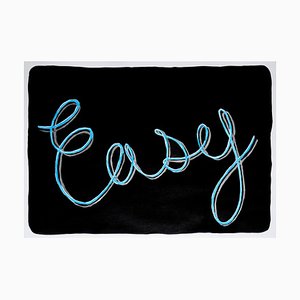 Easy, Black Background Calligraphy Painting On Paper, Word Art, Sky Blue, Grey, 2021