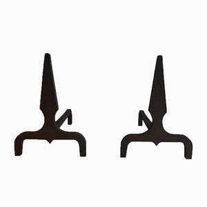Pyramid Steel and Wrought Iron Andirons, France, 1940s, Set of 2
