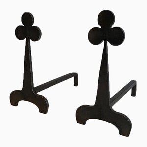 Steel and Wrought Iron Clovers Andirons, France, 1950s, Set of 2