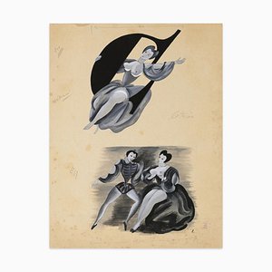 Louis Touchagues, Figures, Mixed Media Drawing, Mid-20th Century