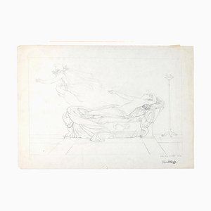 Marcel Mangin, Naked Woman Lying Stretching Out Hand, Pencil, 19th Century
