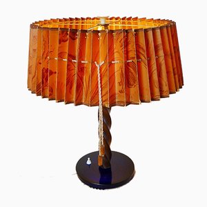 Grande Lampe de Bureau Art Dèco avec Abat-jour en Papier et Support en Verre Bleu Foncé, 1920s