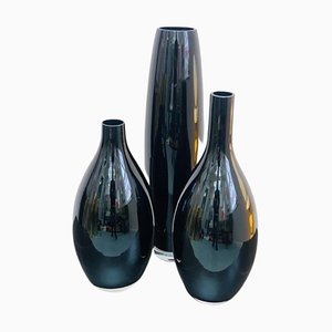 Black & Clear Glass Vases, Set of 3