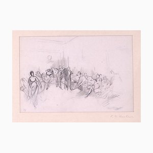 Tony Johannot - People in a Room - Crayon Original - 19ème Siècle