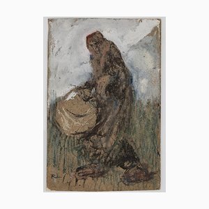 Gabriele Galantara - Woman with Basket - Original ink, Tempera and Watercolor - 1905