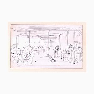 Tony Johannot - People in Room with Dog in the Middle - Original Pencil and ink