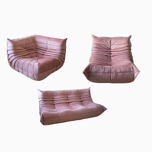 Sillón Togo de terciopelo rosa perla, sillón esquinero y sofá de tres plazas de Michel Ducaroy para Ligne Roset. Juego de 3