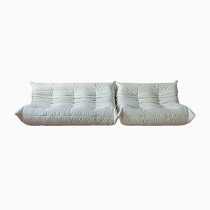 Conjunto de sofá de dos plazas y tres asientos Togo de cuero blanco de Michel Ducaroy para Ligne Roset, años 70. Juego de 2
