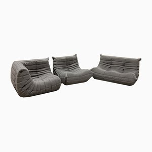 Gray Fabric Togo Corner Seat, Lounge Chair & 2-Seat Sofa Set by Michel Ducaroy for Ligne Roset, 1979, Set of 3