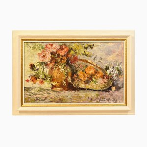 Rose Floral Painting, Oil on Wood, Early 20th Century