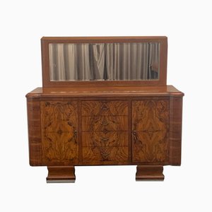 Credenza in noce con base ondulata e specchio, anni '40, set di 2