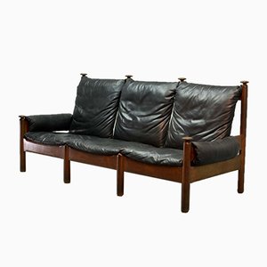 Skandinavisches Schwarzes 3-Sitzer Ledersofa, 1960er