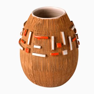 Vaso Bitossi in ceramica con elementi smaltati astratti, Italia