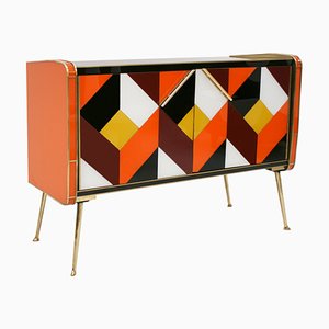 Italienisches Mid-Century Style Sideboard aus Massivholz, Farbglas & Messing
