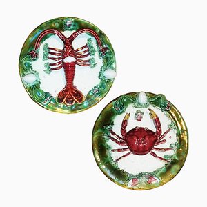 Platos decorativos de mayólica con cangrejo y langosta, años 40. Juego de 2