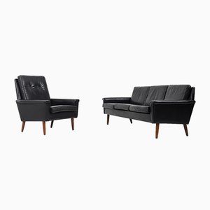 Canapé et Fauteuil Mid-Century en Cuir Noir, Danemark, 1950s, Set de 2