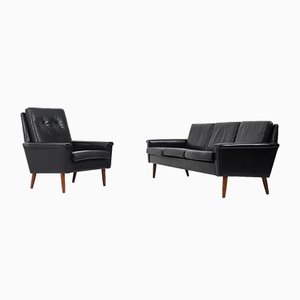 Mid-Century Danish Black Leather Sofa and Lounge Chair, 1950s, Set of 2