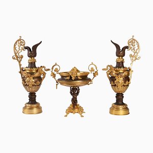 Deux Aiguières et Bol en Bronze Doré et Marron, Set de 3