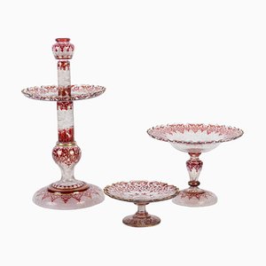 Transparent and Red Bohemian Crystal Cups, Set of 3