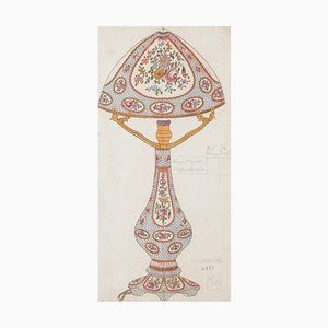 Lampe Inconnue en Porcelaine - Aquarelle Originale et Dessin à l'Encre - 1880s