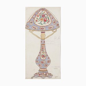 Lampe Inconnue en Porcelaine - Aquarelle Originale et Dessin à l'Encre - 1890s
