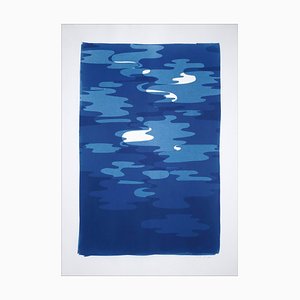 Riflessi geometrici verticali sull'acqua, Monotype originale nei toni del blu, 2019