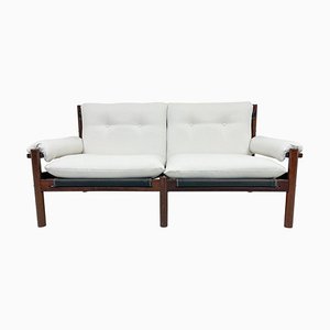 Skandinavisches 2-Sitzer Sofa aus Weißem Textil und Gebeiztem Holz