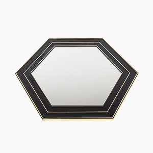 Espejo francés vintage hexagonal dorado y lacado en negro de Jean Claude Mahey, años 70